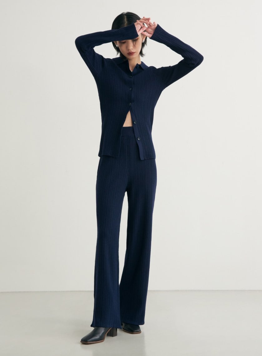 舒適坑條針織長袖上衣